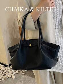 1pc CHAIKA & KILTER Solid Color PU Shoulder Bag, Women Retro Casual Large Capacity Shoulder Tote Bag With Strap Decor, Pleated Design, Adjustable Waist Belt, Double Handles, Magnetic Snap Closure, Suitable For Travel, Shopping, Dating, Women Gift, Fit For Teenager, College Student, Beginner And White-Collar, Ideal For Office, Academy, Work, Business, Commuting, Outdoor, Travel, Outing - Black - View 4