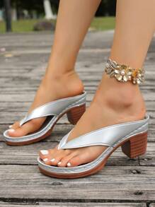 Plus Size Women's Boho Style Thick Heel Thong Sandals, Nude Color, Ultra-Light And Soft, Fashionable Versatile Comfortable Outdoor Casual Vacation Must-Have Slip-On Platform Clogs