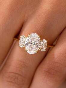 1pc 3-Stone Diamond Ring, Elegant Women's Jewelry Gift - Triple Oval Ring - View 7