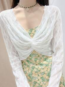 1pc Women Lace Sheer Spaghetti Strap Coverup Dress, Summer Light Weight Bolero Jacket Thin Camisole - A - View 3