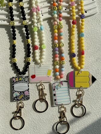 1pc Cute Design Acrylic Smile Mixed Colorful Beads Lanyard Keychain With Blank Pencil Notebook Composition Book S For Teachers School Christmas Gift Ideas Bag Accessories Lanyards With Id Holder Car Accessories Bag Charms Car Friend Sister