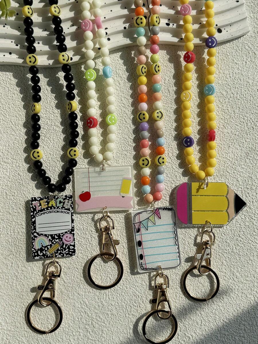 1件可爱设计亚克力笑脸混色珠子挂绳钥匙扣,带空白铅笔笔记本/作文簿,适合教师、学校、圣诞节礼物、包包配件、带证件夹的挂绳、汽车配件、包饰、车内挂件、朋友、姐妹 - 彩色 - 查看 1