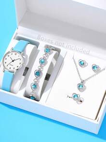 6 Stücke Damen Lässig Quarz Uhr Set, Silber Gehäuse, buntes Diamant Herz-förmiges Armband, Halskette, Ohrringe, Ring und Uhr - Blau - Übersicht 2