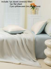 4pcs Bedding Set (1pc Duvet Cover + 1pc Flat Sheet + 2pcs Pillowcases, Without Filler), High-End Silky Satin Smooth Icy Silk Duvet Cover, White/Pastel Blue Minimalist Patchwork, Soft Breathable Wrinkle-Free, Can Be Slept On Directly, Luxury Hotel Style, Children's Dorm, Home Bedroom, Suitable For Spring And Summer
