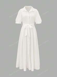 Women's Spring And Summer Thin Shirt Dress Open Collar Solid Color Loose Shirt Dress Tie Puff Sleeves Short Sleeves Non-Elastic Casual Commuting French Style Simple Slouchy Style Elegant Women's Vacation Wear Graduation Season Valentine's Day Independence Day Back To School Season Gift Ladies Dress