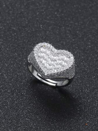 1pc Luxury Copper Micro-Inlaid Zirconia Heart-Shaped Ring, Personalized Hip-Hop Style Suitable For Women, Wedding Engagement Occasion