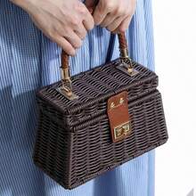 Vintage Wicker Handwoven Handheld Box Clutch Handbag For Women Summer Autumn Travel Large Capacity Fashion Versatile Beach Wedding Party Gift - Cà phê - Xem 7