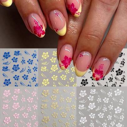 Hibiscus Flower 3D Nail Stickers Cherry Blossom Floral White/Black/Gold/Blue Floral Petal Nail Art Decals Sliders Manicure Nail Tips Decor,Y2K Star Adhesive Nail Art Supplies Decal For Women Nail Supplies DIY Manicure Decoration Nails