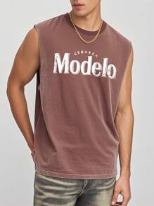 Modelo  Front And Back Prints  New Men's Premium Printed 230G Heavy Pure Cotton Washed And Aged Waistcoat Sleeveless Vest Men's T-Shirt, Summer Casual T-Shirt Casual T-Shirt