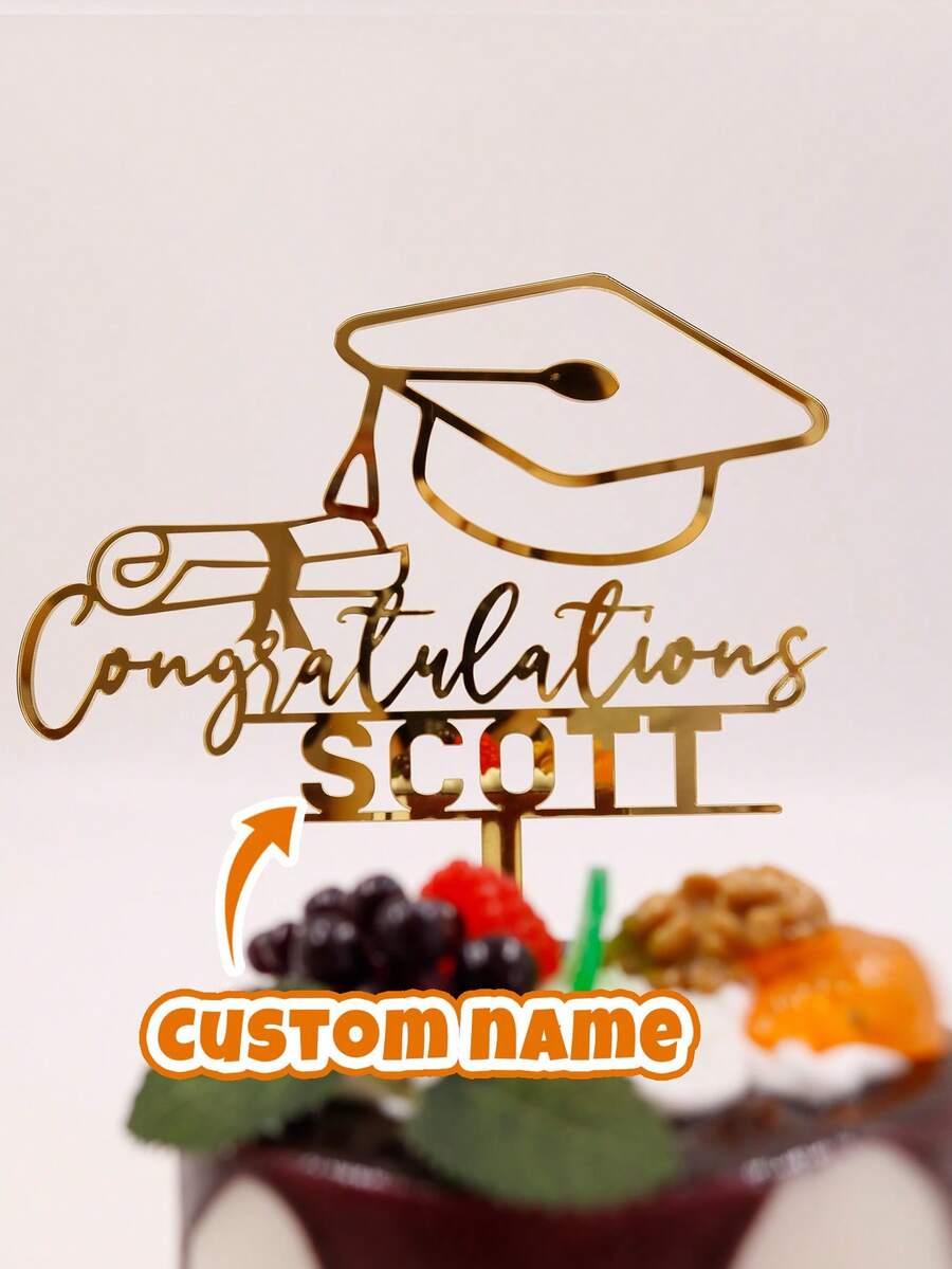 Customized Graduation Cake Topper, Personalized Acrylic Graduation Cap Decor, Custom Name Graduation Cap Cake Topper For Party Cakes, Anniversaries, Weddings, Back To School Season, Glitter Cake Toppers - Style a - View 1