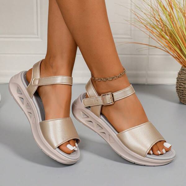 2025 New Women's Summer Sports Sandals - Lightweight Open Toe, Cushioned Slip-On, Buckle Decor Hook & Loop Thick-Soled Casual Slides, Suitable For Spring/Summer Beach Vacation, Bottom Hollow Water Shoes