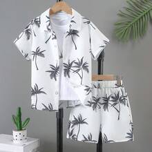Tween Boy Hawaiian Tropical Print Shirt & Shorts Set, Summer Casual - White - View 9