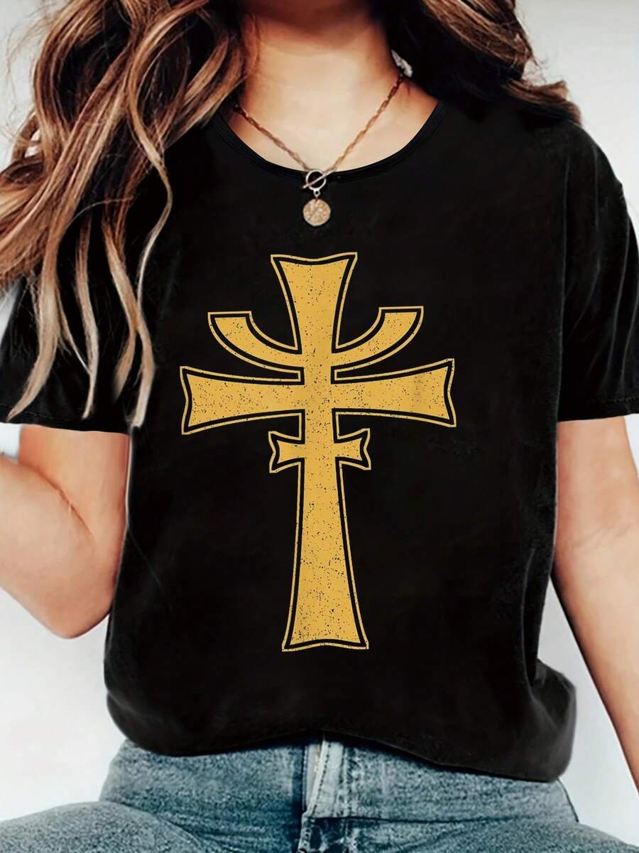 Summer Tops BROTHERHOOD OF THE CRUCIFORM SWORD SYMBOL Funny Print Women's T-Shirt, Round Crew Neck Soft Short Sleeve T-Shirt For Spring Summer, Fun Graphic Tops T-Shirts For Women - Black - View 1