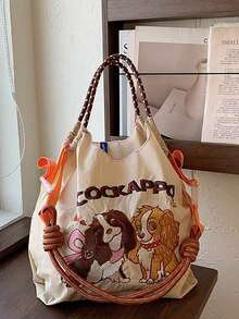 1pc New Casual Embroidered Cockapoo Dog Pattern Nylon Lightweight Large Capacity Tote Bag, Suitable For Commuting And Shopping - View 7