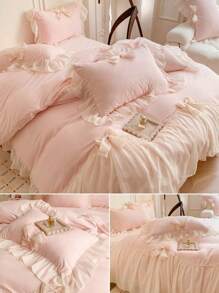 2/3 Peças Conjunto Capa de Edredom com Babado de Laço de Chiffon (1 Capa de Edredom, 1/2 Fronhas), Conjunto de Roupa de Cama com Laço 3D de Poliéster Francês, Premium Macio & Confortável, Uso Anual, Lavável em Máquina, Com Laços nos Cantos, Adequado para Quarto, Casa e Hotel