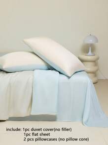 4pcs Bedding Set (1pc Duvet Cover + 1pc Flat Sheet + 2pcs Pillowcases, Without Filler), High-End Silky Satin Smooth Icy Silk Duvet Cover, White/Pastel Blue Minimalist Patchwork, Soft Breathable Wrinkle-Free, Can Be Slept On Directly, Luxury Hotel Style, Children's Dorm, Home Bedroom, Suitable For Spring And Summer