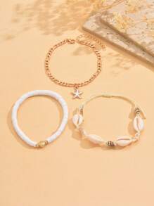 3pc/Set Summer Ocean Style Soft Pottery Shell Beaded Metal White Drip Glaze Starfish Pendant Anklet, Fashion Natural Shell Conch Handmade Woven Rope Women Foot Jewelry For Daily, Beach, Date Decoration