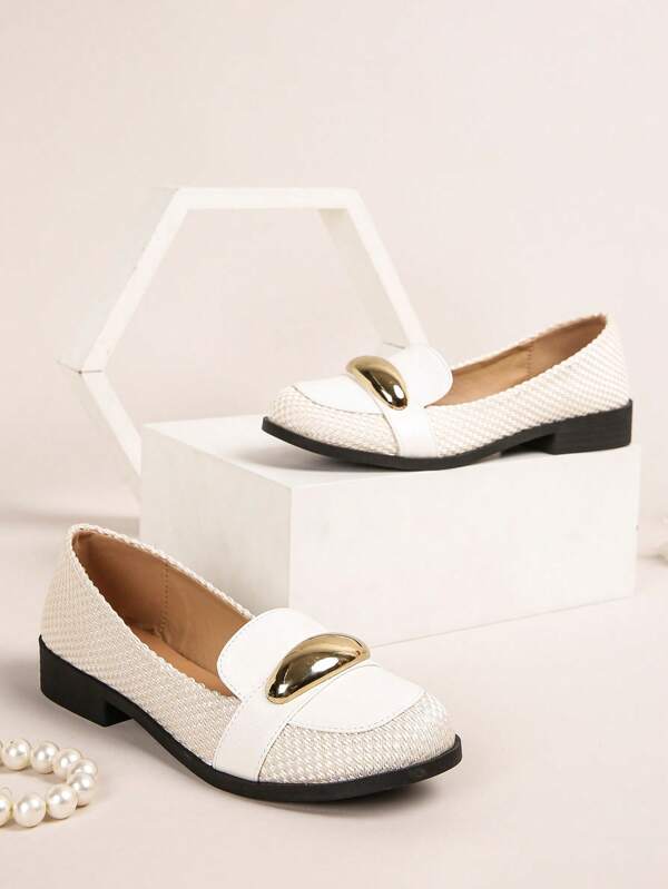 One-Push Decorative Button Woven Fabric & Leather Effect Loafers, Fashion Basic Elegant Bohemian Pure Metal