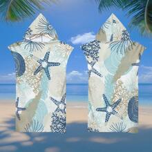 1 pieza Toalla de playa con capucha con elementos oceánicos, manta de playa de microfibra supersuave y envolvente de playa convertible, diseño de 4 botones que se puede desabrochar para convertirla en manta, súper absorbente, apta para viajes, piscina, buceo, surf, yoga, campamento, disponible en tallas para adultos y niños, de vuelta al colegio