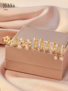 Hihho Conjunto de 10 brincos (com elegante caixa de presente branca) com design simples de coração e flor em tom dourado, adequados para uso diário e presente de Dia dos Namorados para meninas