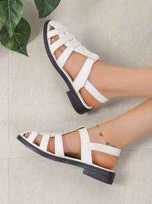 1 Pair Plain Color Bohemian Holiday PU Leather Hollow Out Flat Sandals, For Outdoor Vacation, Beach Wear In Summer