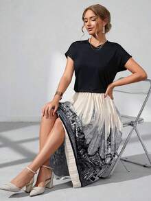 Falda plisada de largo medio con estampado arquitectónico de tinta elástica en cuatro direcciones de 120 g - Blanco y Negro - Ver 2