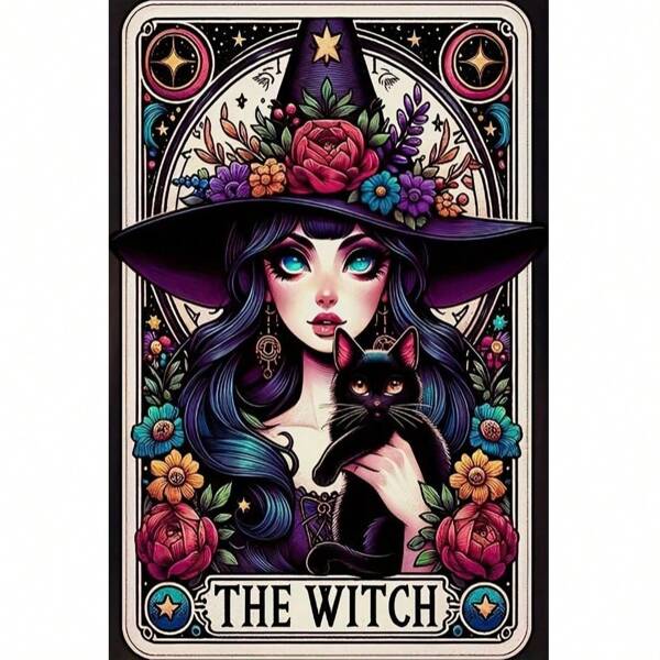 Kit de pintura de diamantes 5D - Diamante acrílico redondo, tema de carta de tarot de bruja, bordado de personaje, manualidades de punto de cruz, decoración de pared y decoración del hogar, arte de diamantes sin marco completo, adecuado como regalo de Navidad