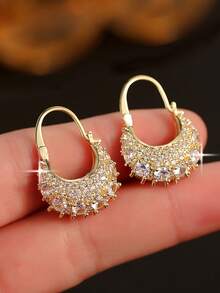 1pair Elegant Filled With Cubic Zirconia Bag Type Hoop Earrings Glamorous Geometric Figure Women Wedding Earring For Banquet, Prom, Party Engagement Gift - Multicolor - View 5