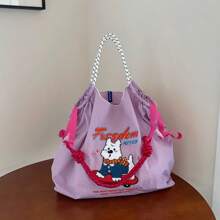 Fashion Shopping Bag Women's Shoulder Bag Nylon Fabric Bag Dog Embroidery Lightweight Storage Bag Commuter Bag Travel Backpack Large Capacity Tote