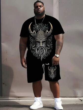 2Pcs Plus Size Men Viking Warrior Printed Short Sleeve Shorts Set, Nordic Retro Pattern, Round Neck T-Shirt With Drawstring Shorts, Machine Washable