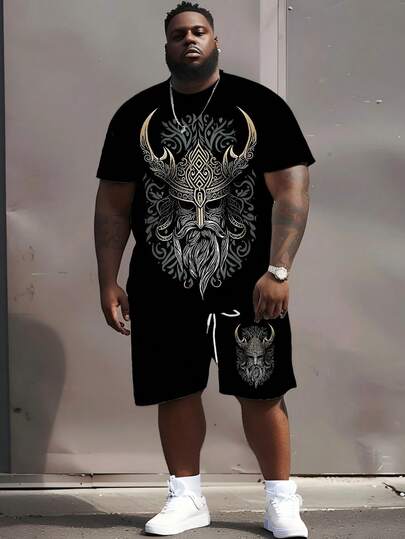 2 szt. Plus Size Men Viking Warrior Printed Short Sleeve Shorts Set, Nordic Retro Pattern, T-shirt z okrągłym dekoltem i ściągaczami, nadający się do prania w pralce