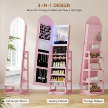 HWB 带储物功能的镜面珠宝柜、带全身镜和 360° 旋转装置的拱形珠宝柜、带后置储物架和挂钩的立式珠宝架收纳架、可上锁的返校宿舍储物柜 - 粉色 - 查看 2