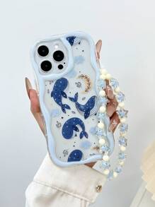 Cream Swirl Wave Edge Gloss Oil Painted Whale Pattern Anti-Drop Phone Case With Handmade Beaded Bracelet Accessories, Compatible With IPhone 16/11/16pro/16plus/16promax/16e/15Promax/13/14/12/XS/XR/7G/8P, Galaxy 11/12Pro/12/12X/13Pro/14Pro/15Pro/X3pro/,Redmi 10/9/Note9/12c/Note11pro/Note8Pro/9C/9a Waterproof Shockproof Scratch Resistant