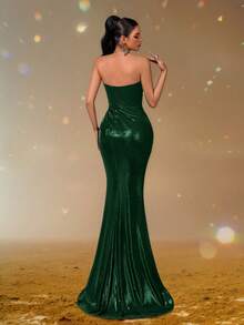 Smilprince Váy đuôi cá xanh thanh lịch không quai với thân áo xếp nếp và đuôi dài chấm đất, váy dạ hội trang trọng cho phụ nữ, váy dạ hội quyến rũ cho phụ nữ, trang phục dự tiệc cưới, váy dài trang trọng, váy sang trọng - Màu xanh lá cây đậm - Xem 2