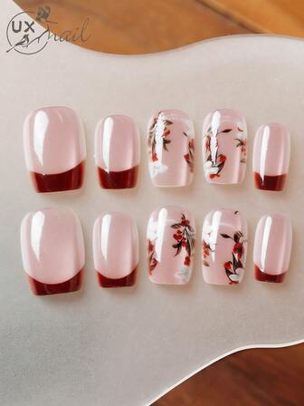 10 piezas de uñas postizas cuadradas de corta duración, uñas postizas falsas de ojo de gato color rosa con diseño de flores en flor, uñas artificiales de cobertura total hechas a mano con kit de tallas para mujeres, suministros de manicura para uso diario en la oficina en primavera. Las flores y las hojas se visten en armadura, con diseño de flor roja y hoja de bambú en estilo chino.