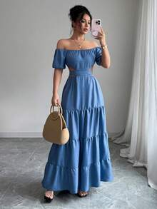 Vacation Style Denim Effect Off-Shoulder Backless Tie-Up Long Dress, Summer Elegant Spring - Blue - View 4