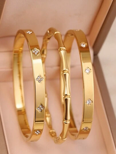 3pcs Set 18K Gold Plated Stainless Steel Four-Leaf Clover Nail Bracelet, Suitable For Women's Party And Daily Wear, European And American Style, Personalized, Generous, Luxury Cubic Zirconia Bracelet, Wedding Jewelry Set, Gift For Girls, Ladies, Relatives, Friends, Exquisite Wedding, Birthday, Valentine's Day Gift