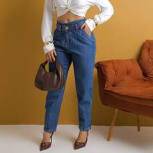 Women's High Waisted Marbled Mom Jeans - 藍色 - 查看 4