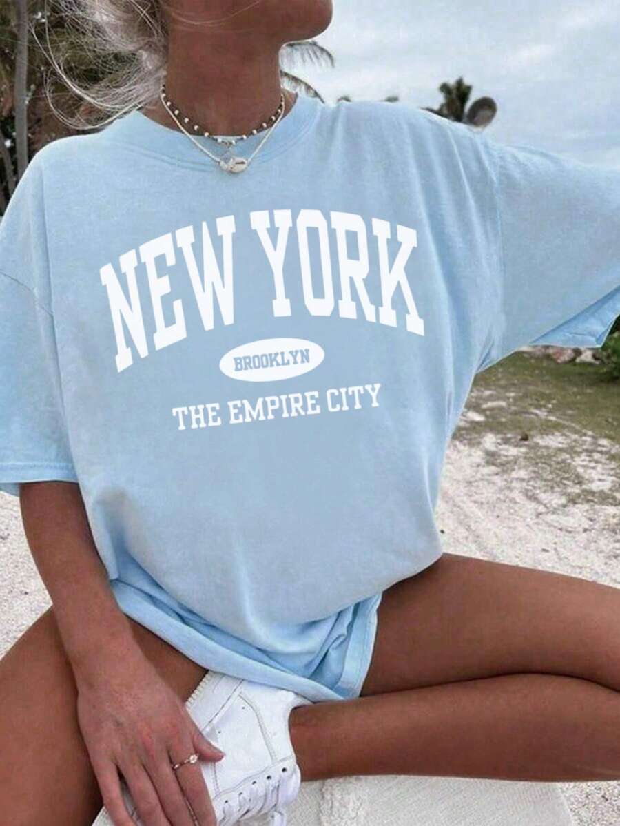 Women's Summer Letter Print Off-Shoulder Loose Casual T-Shirt, Daily Casual Fashion Versatile. Graphic Tee, Women's White Top, Black Top, Pink Top, Vacation Outfit - Baby Blue - View 1