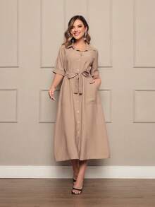 Dress Simple Casual Elegant Party With Belt Button - Khaki - View 1