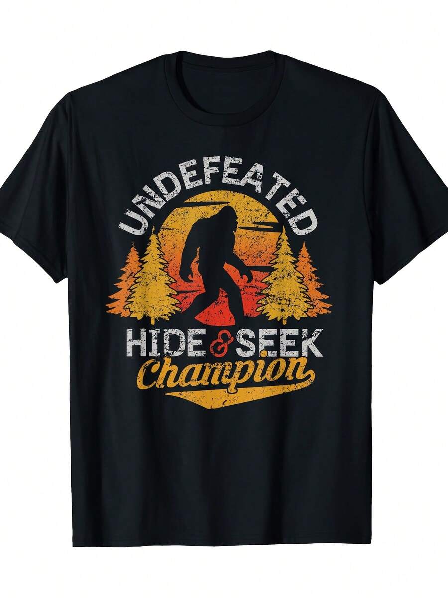 Men's Black T-Shirt White Ink Heat Transfer Technique Invincible Hide And Seek Champion Style Loose Plus Size 100% Cotton Casual Style Printed Crew Neck T-Shirt Super Comfortable For Daily Wear Fitted Design Machine Washable Suitable For All Seasons - Black - View 1