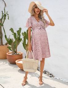 Women's Maternity Pleated Short Sleeve Wrap V Neck Summer Midi Dress Casual Nursing Dress Baby Shower Photoshoot Belt - 粉色 - 查看 9