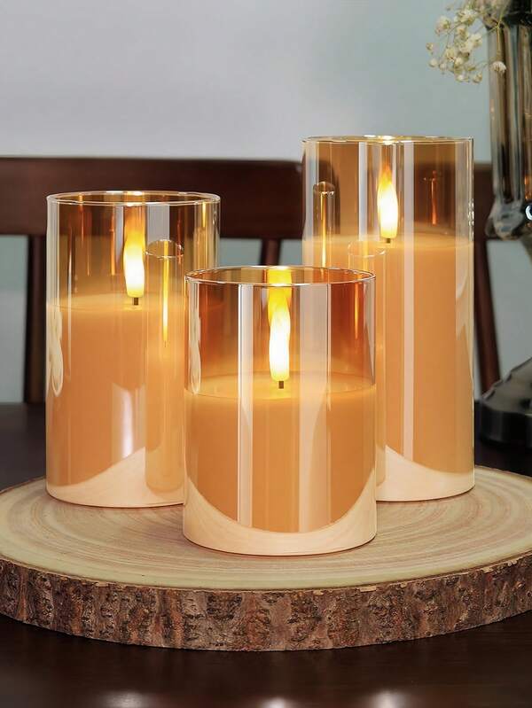 1pc/3pcs LED Candle With/Without Remote Control, Flameless Candle, Candle Warmer, Candle Lamp, 3D Moving Flame Battery Operated Candle (Batteries Not Included), Suitable For Holidays, Weddings, Gifts, Fireplaces, Home Decor (Gold, 3"X4" 5" 6")
