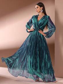 Women V-Neck Simple Everyday Net Yarn Long Sleeve Long Dress (Random Pattern Cut) - Blue Power - View 4
