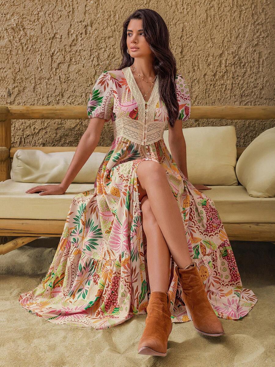 Đầm Maxi Dây Spaghetti Ren Chèn Cho Nữ Rusttydustty Cổ Chữ V Lãng Mạn Kiểu Đi Biển - Màu vàng - Xem 1