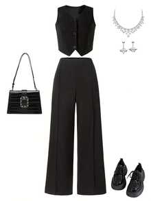 2件套少女时尚休闲上衣+直筒裤套装，春夏款，黑色 - 黑色 - 查看 3