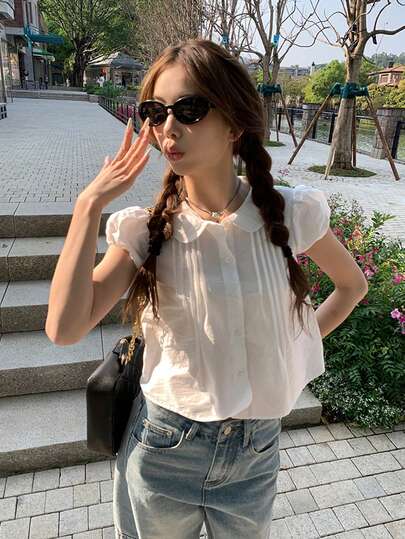 เสื้อเชิ้ตแขนสั้น คอปก สไตล์วินเทจโรแมนติกฝรั่งเศสฟิต