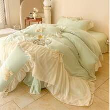 1 Peça Jogo de Capa de Edredom Azul com Laço Pregueado (1 Capa de Edredom, Sem Enchimento Interno, Sem Fronha), Jogo de Roupa de Cama de Chiffon Macio com Design de Laço, de Alta Qualidade e Confortável para Todas as Estações, Lavável em Máquina, Com Cantos Amarrados, Adequado para Quarto, Casa, Hotel