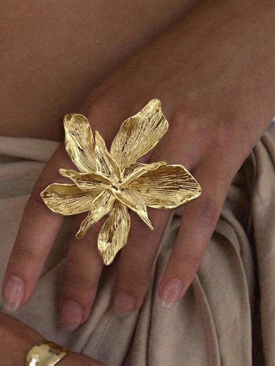1 件时尚、简约、优雅的复古设计花卉金属夸张宽戒指，适合节日、派对、约会、礼物和日常佩戴 - 金黃色 - 查看 1