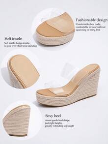 新款时尚透明坡跟凉鞋，编织厚底超高跟绑带穆勒鞋，波西米亚风格度假坡跟凉鞋